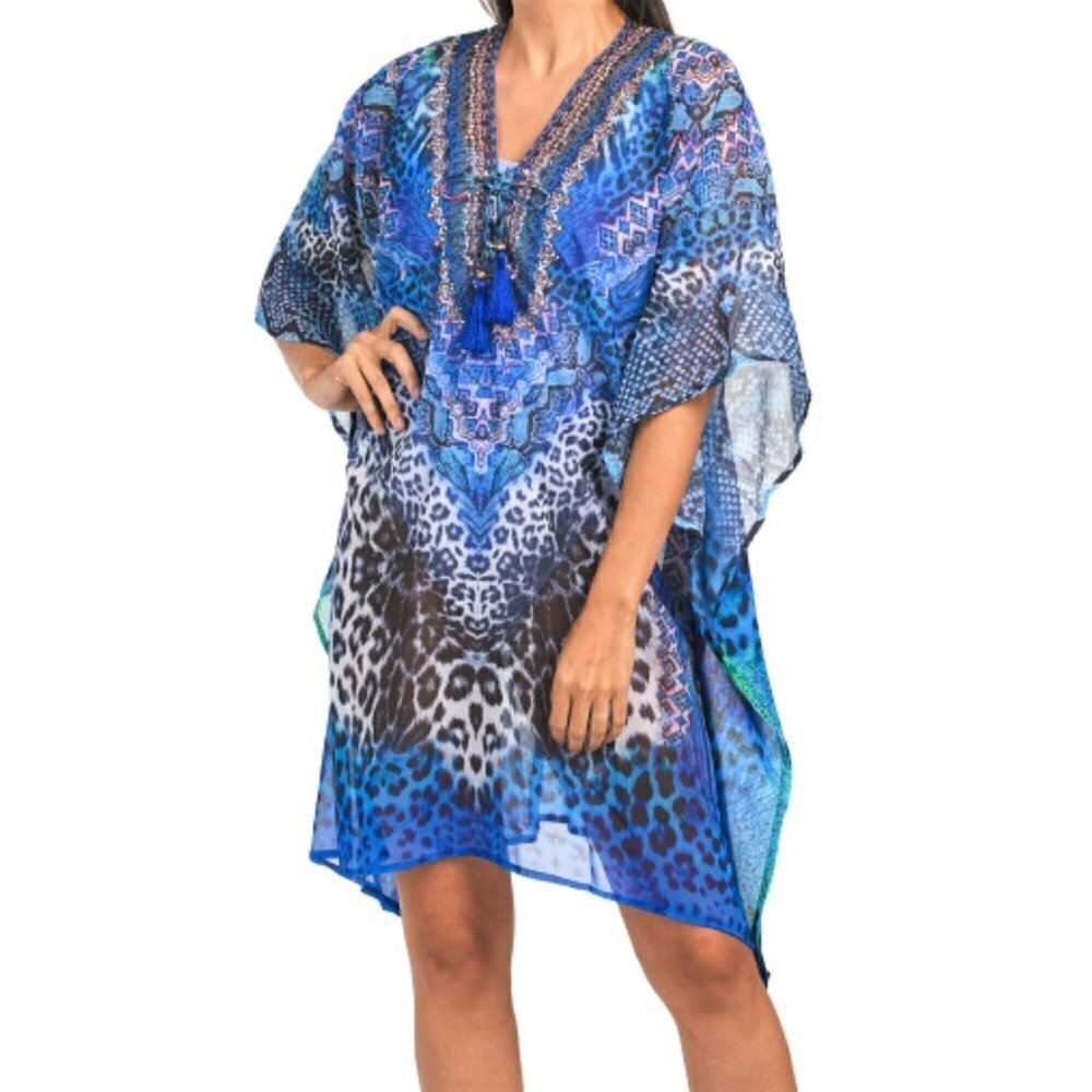 NWT LA MODA Women's Rhinestone Embellished Cat Caftan Swim Cover-up